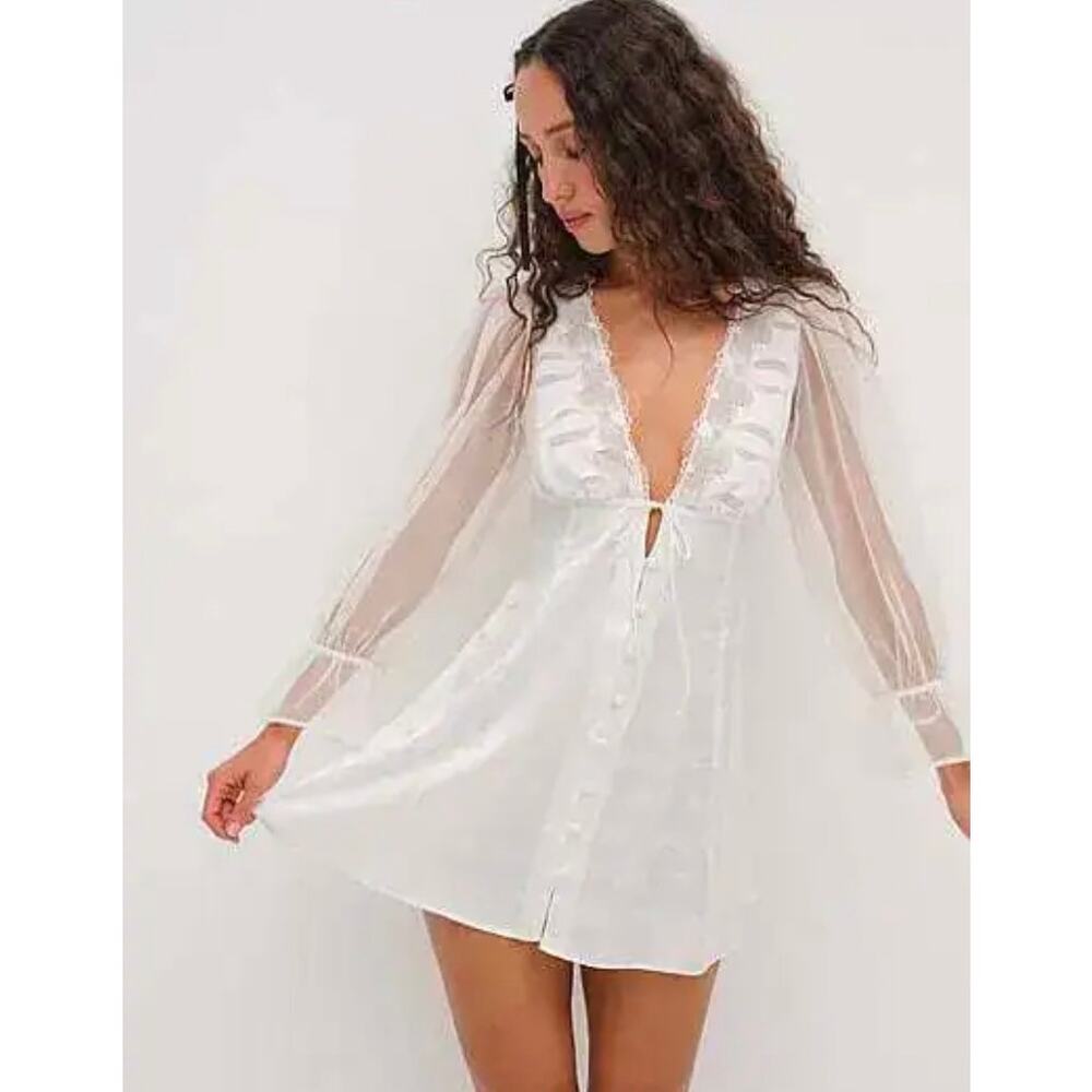 For Love & Lemons Mini Dress White Satin Beau Slip On Sheer Long Sleeve New